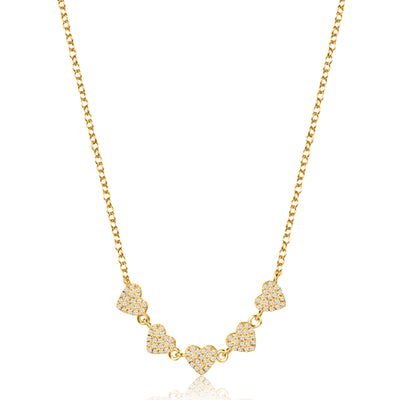 Five Pave Hearts 14K (or 18k upon request) Yellow Gold Diamond Necklace