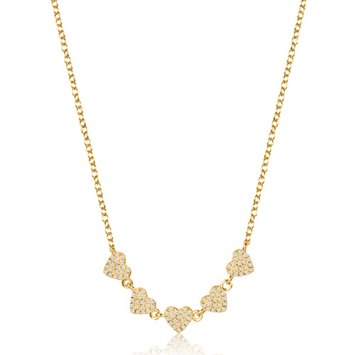 Five Pave Hearts 14K (or 18k upon request) Yellow Gold Diamond Necklace