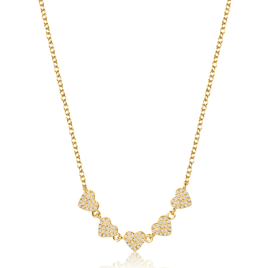 Five Pave Hearts Diamond Necklace in 14K Yellow Gold