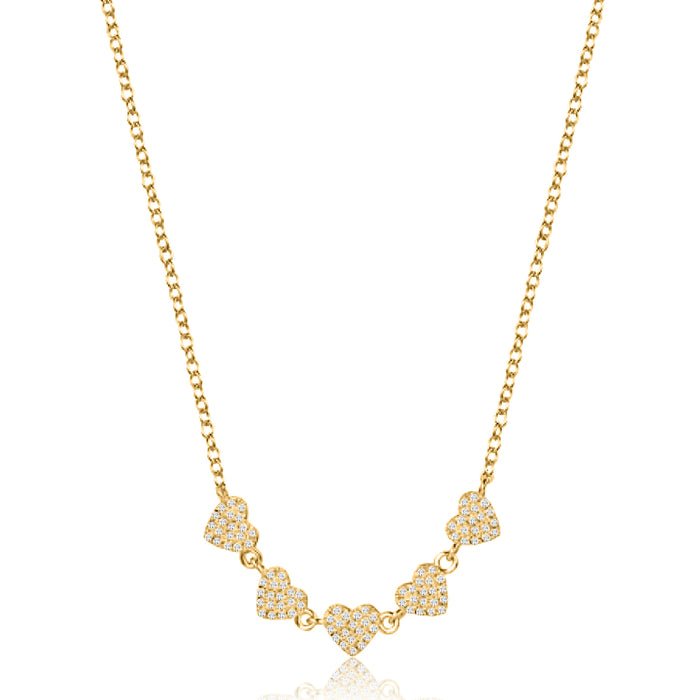 Five Pave Hearts Diamond Necklace in 14K Yellow Gold