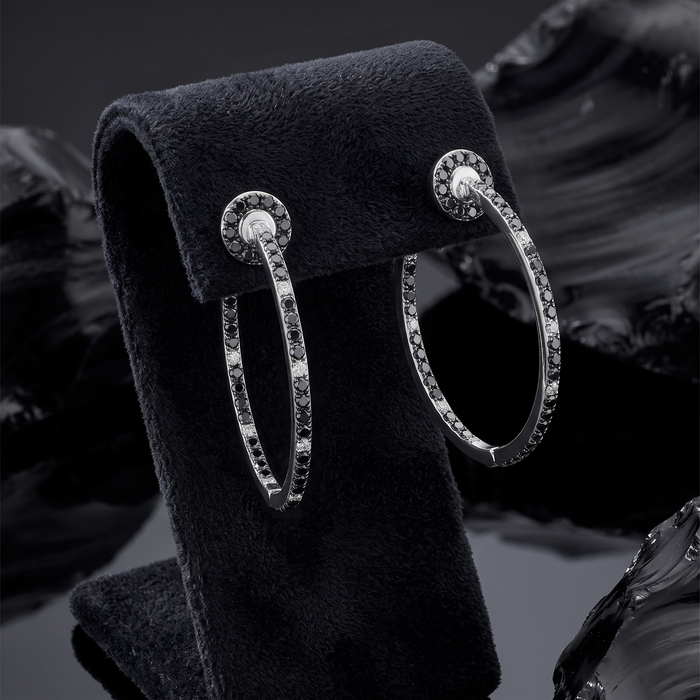 Black Diamond Inside Out Hoop Earrings in 14K White Gold