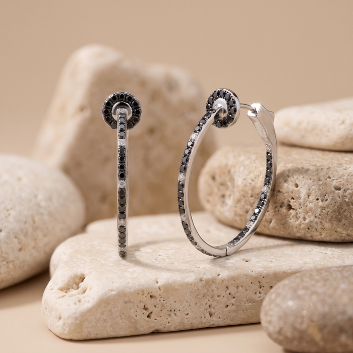 Black Diamond Inside Out Hoop Earrings in 14K White Gold