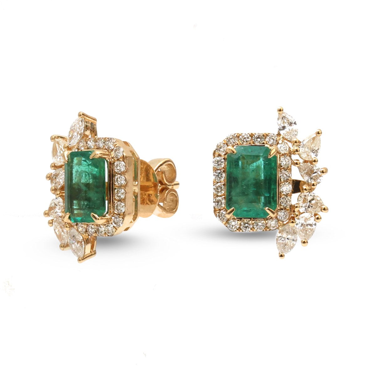 Emerald & Natural 18K Diamond Statement Stud Earrings Yellow Gold