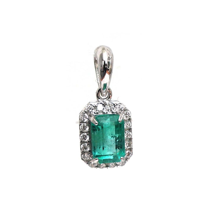 Emerald Baguette Halo 18K White Gold Pendant Necklace