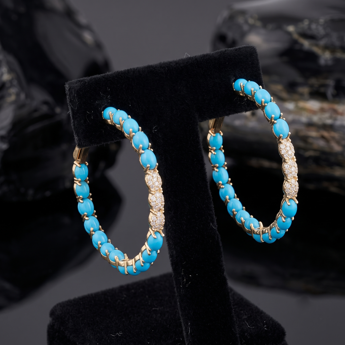 Turquoise Diamond Accent Hoop Earrings in 14K Yellow Gold