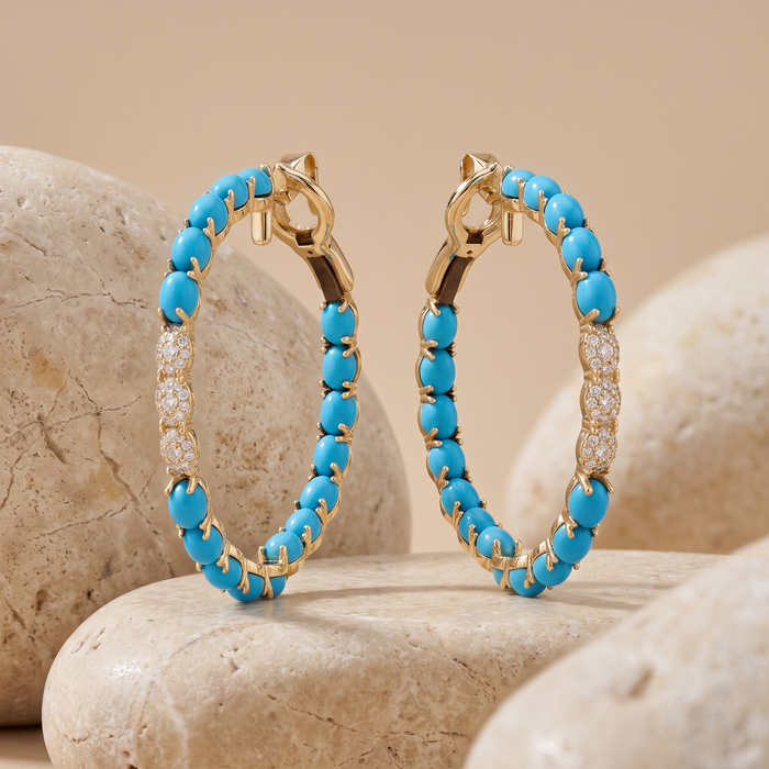 Turquoise Diamond Accent Hoop Earrings in 14K Yellow Gold