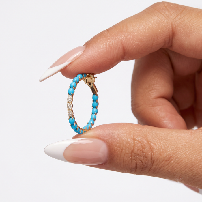 Turquoise Diamond Accent Hoop Earrings in 14K Yellow Gold