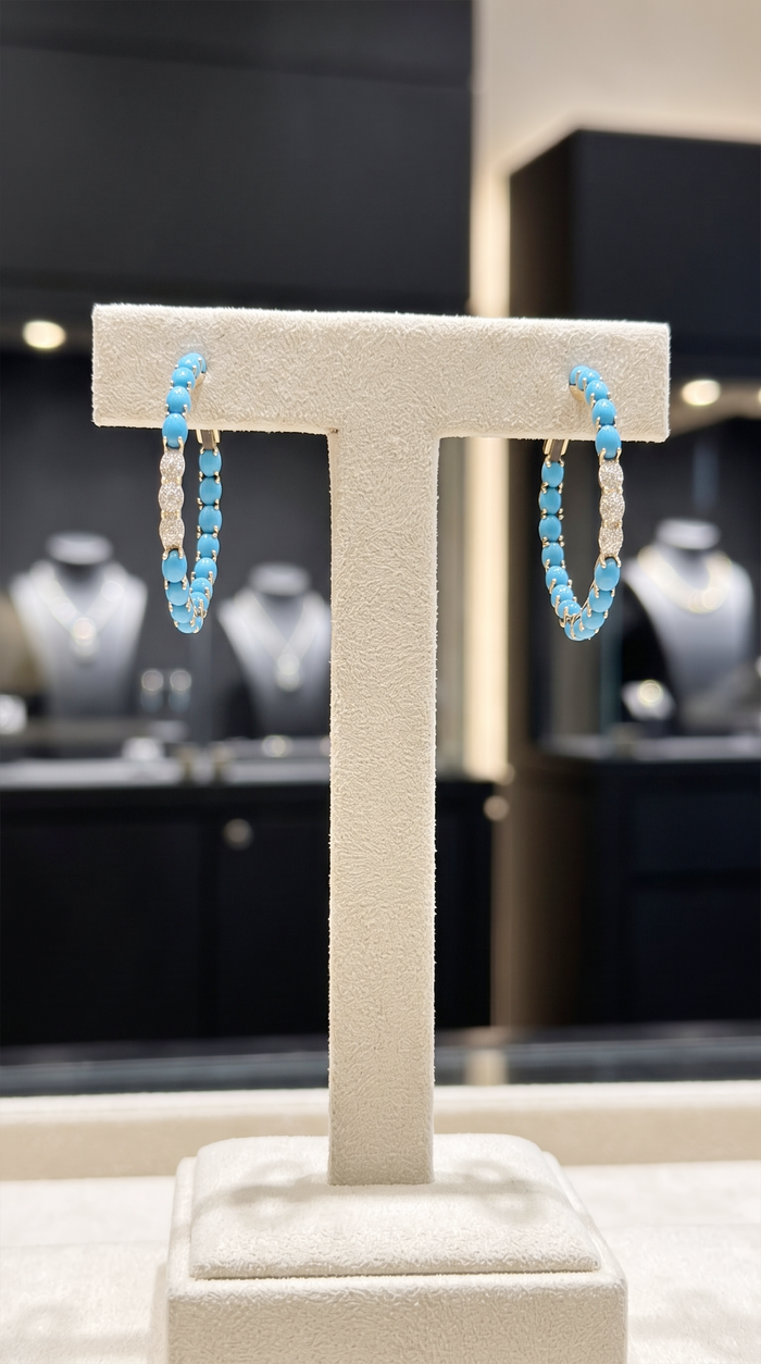 Turquoise Diamond Accent Hoop Earrings in 14K Yellow Gold