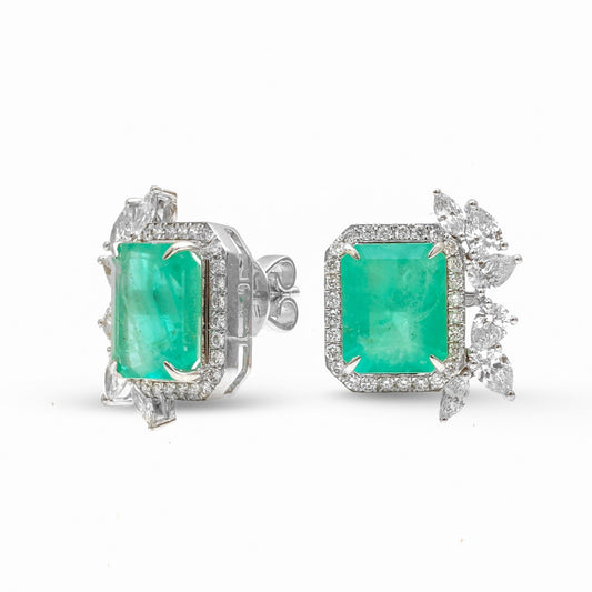Emerald Majestic Halo 18K Natural Diamond White Gold Stud Earrings