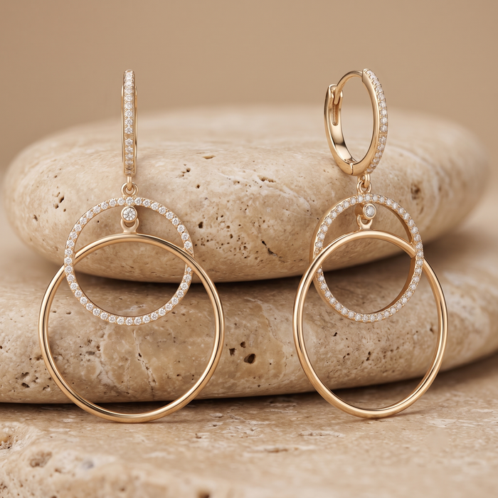 Double Circle Diamond Drop Huggie Earrings in 14K Yellow Gold