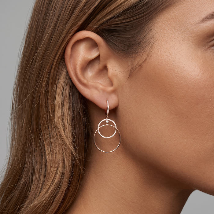 Double Circle Diamond Drop Huggie Earrings in 14K Yellow Gold