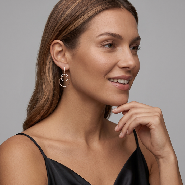 Double Circle Diamond Drop Huggie Earrings in 14K Yellow Gold