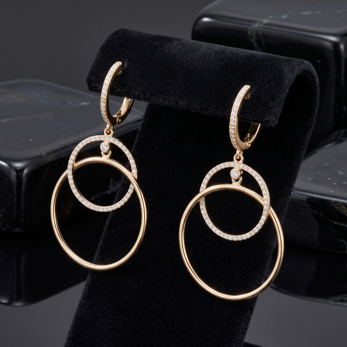 Double Circle Diamond Drop Huggie Earrings in 14K Yellow Gold