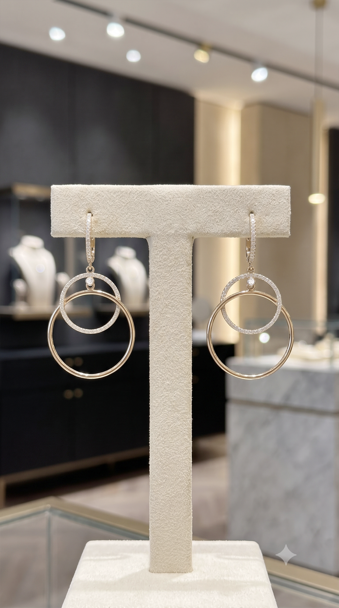 Double Circle Diamond Drop Huggie Earrings in 14K Yellow Gold