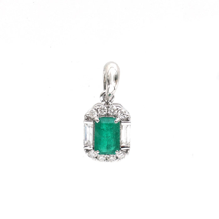 Emerald Baguette Diamond Halo 18K White Gold Pendant Necklace