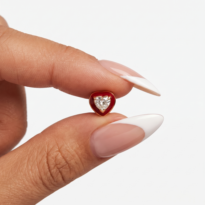 Red Enamel Heart Diamond Stud Earrings in 14K Yellow Gold