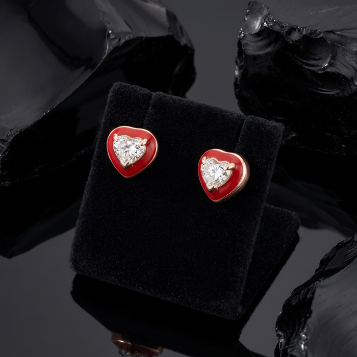 Red Enamel Heart Diamond Stud Earrings in 14K Yellow Gold