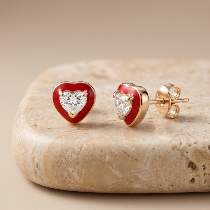Red Enamel Heart Diamond Stud Earrings in 14K Yellow Gold