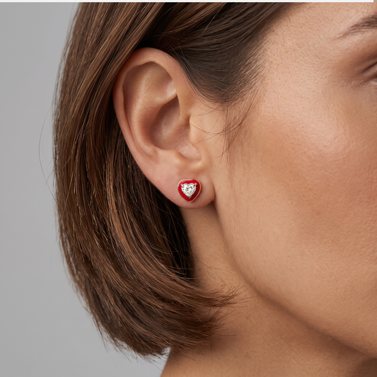 Red Enamel Heart Diamond Stud Earrings in 14K Yellow Gold