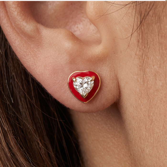 Red Enamel Heart Diamond Stud Earrings in 14K Yellow Gold