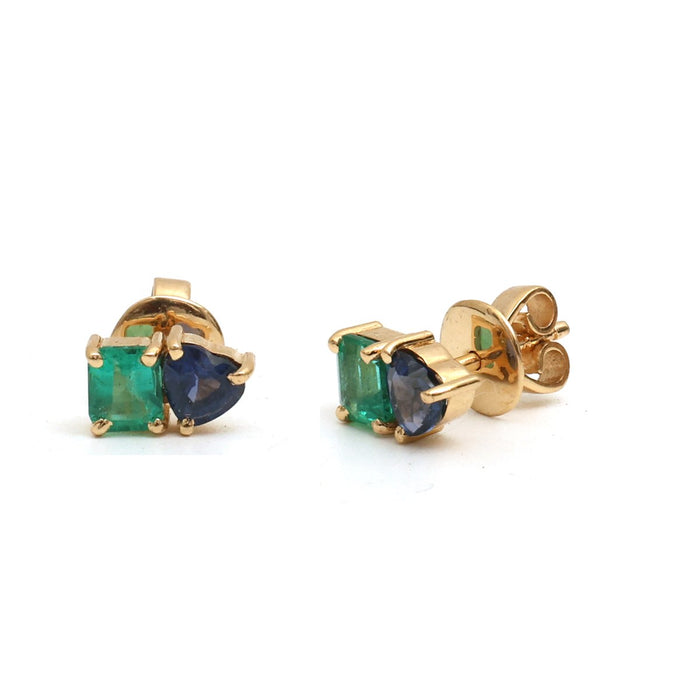Emerald Blue Sapphire 18K Yellow Gold Two-Stone Stud Earrings