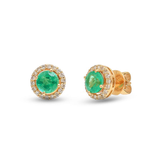 Emerald Luxe Halo 14K(18K Custom) Natural Diamond Yellow Gold Stud Earrings