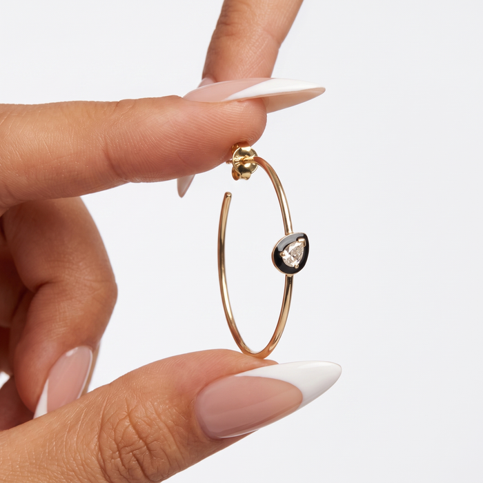 Black Onyx Teardrop Hoop Earrings in 14K Yellow Gold