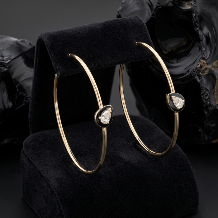 Black Onyx Teardrop Hoop Earrings in 14K Yellow Gold