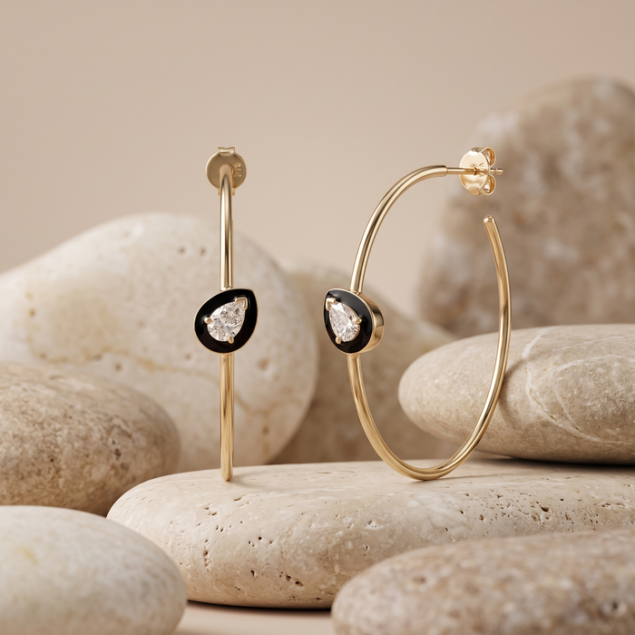 Black Onyx Teardrop Hoop Earrings in 14K Yellow Gold