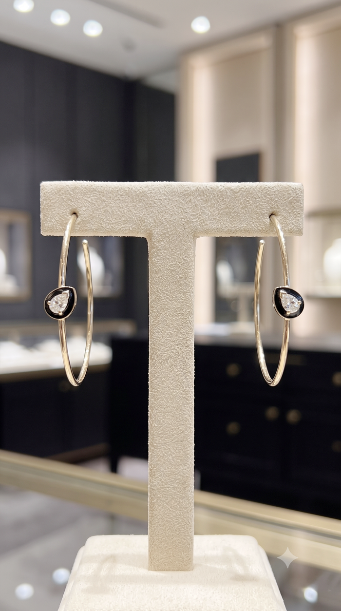 Black Onyx Teardrop Hoop Earrings in 14K Yellow Gold