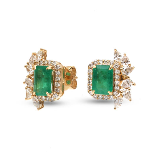 Emerald Halo 18K Natural Diamond Yellow Gold Stud Earrings