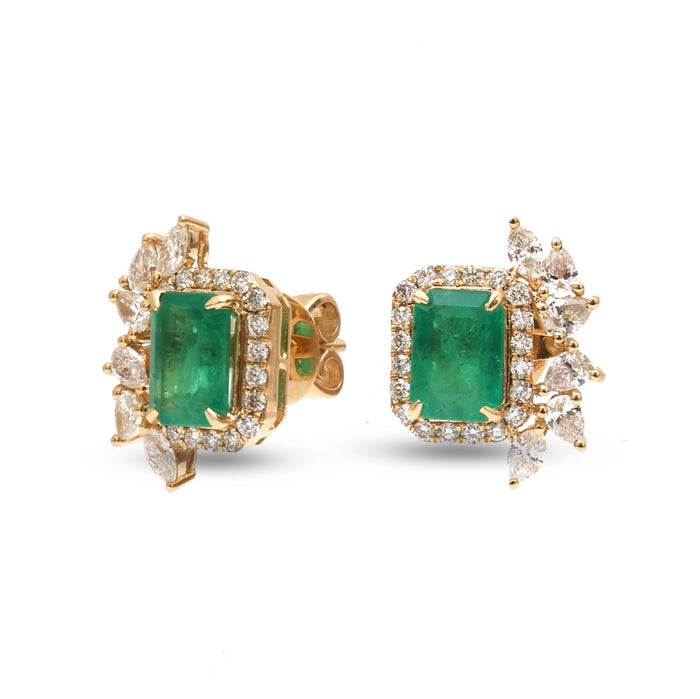 Emerald Halo 18K Natural Diamond Yellow Gold Stud Earrings