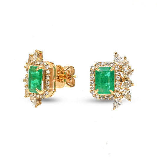 Emerald & Natural Diamond 18K  Halo Stud Earrings in Yellow Gold
