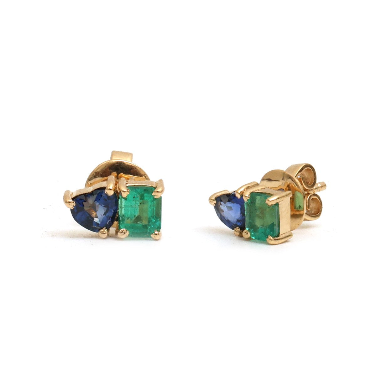 Blue Sapphire & Emerald Stud Earrings in 18K Yellow Gold