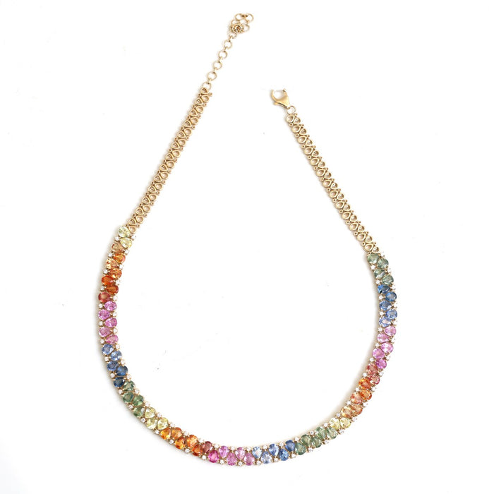 Luxury Rainbow Sapphire & Diamond 18K Yellow Gold Statement Necklace