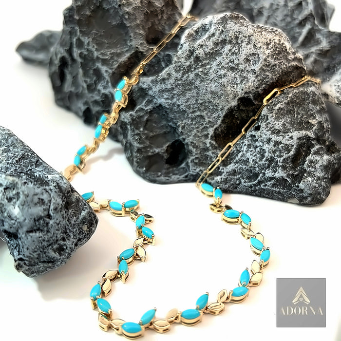 Turquoise Marquise Leaf Motif Necklace in 14K Yellow Gold
