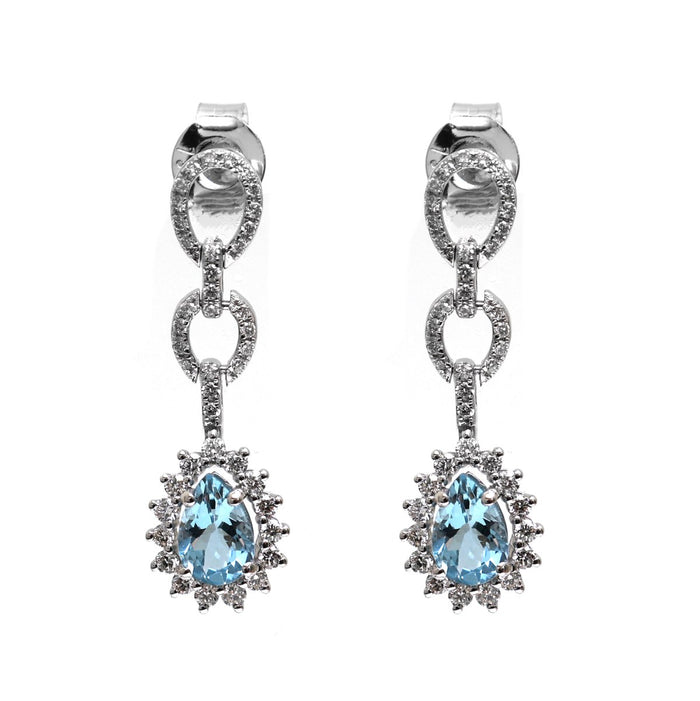 Aquamarine Halo 18K Natural Diamond Gold Drop Earrings