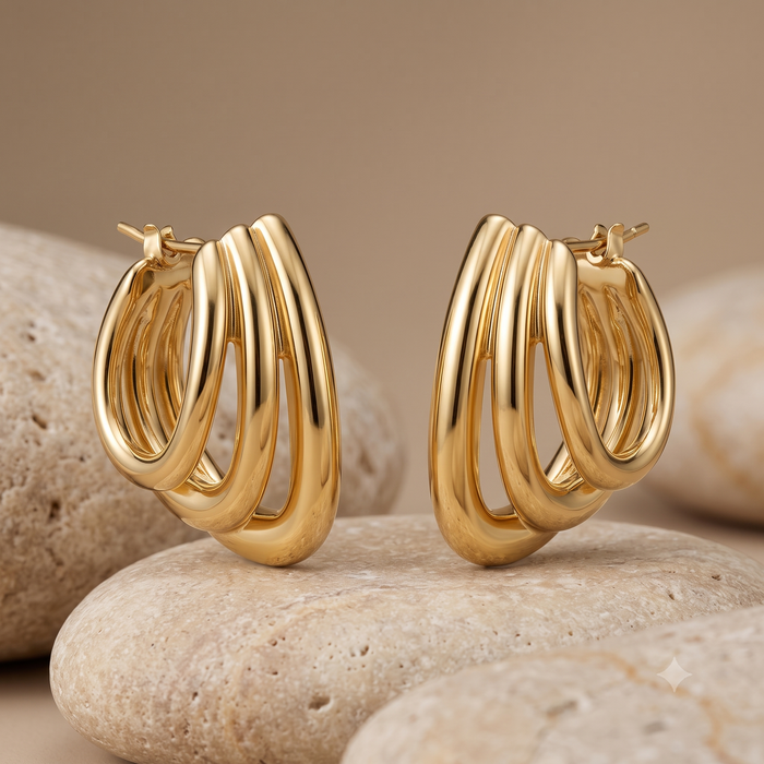 Triple Hoop Twist Diamonds Earrings in 14K Yellow Gold