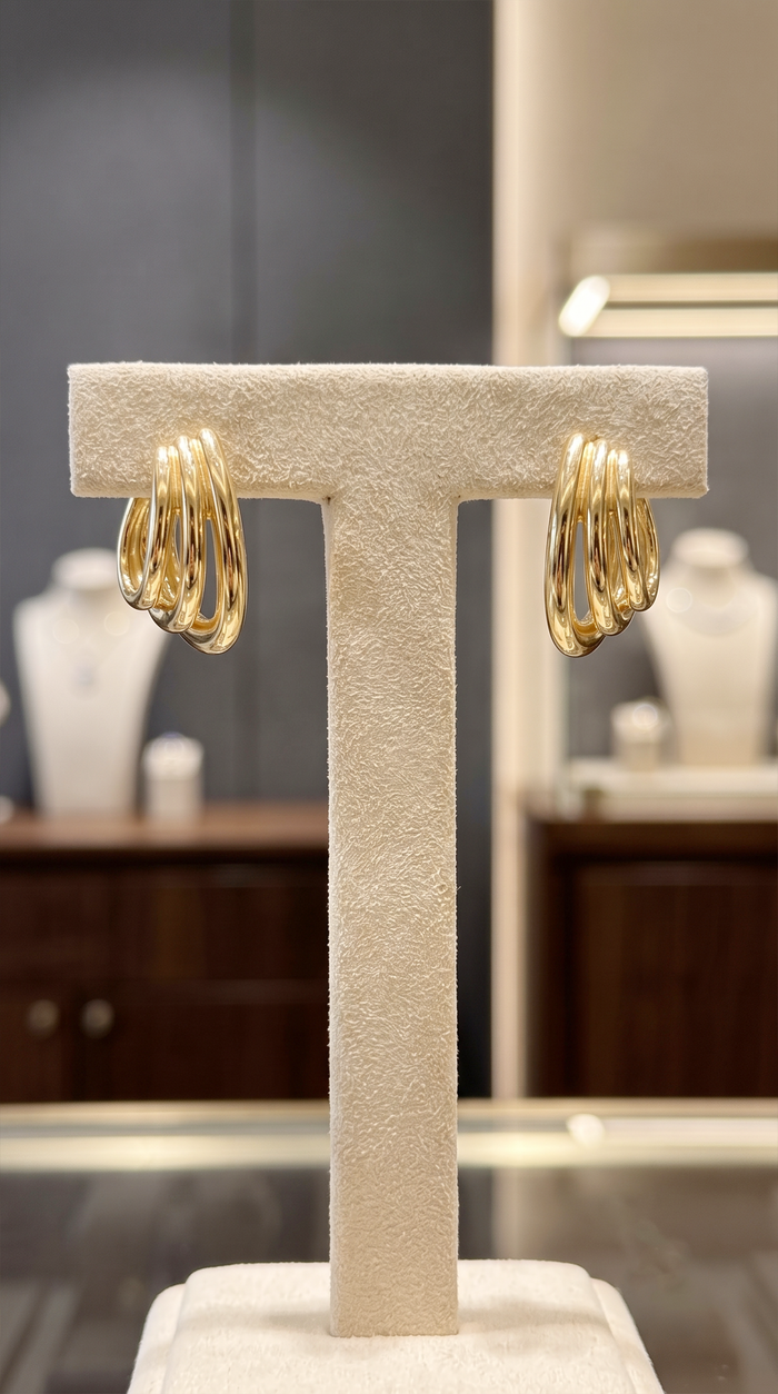Triple Hoop Twist Diamonds Earrings in 14K Yellow Gold