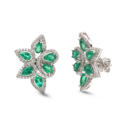 Emerald Floral 18K Natural Diamond White Gold Stud Earrings