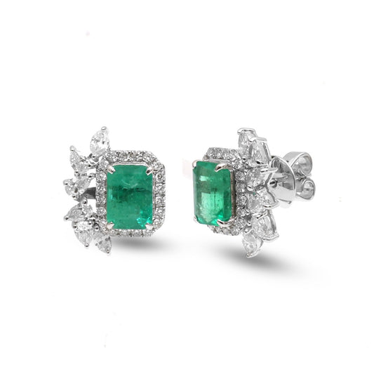 Emerald Luxe Halo 18K Natural Diamond White Gold Stud Earrings