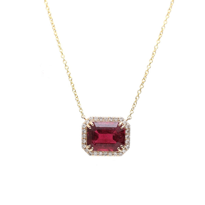 Luxury Rubellite & Diamond 14K (18K Custom) Yellow Gold Halo Necklace
