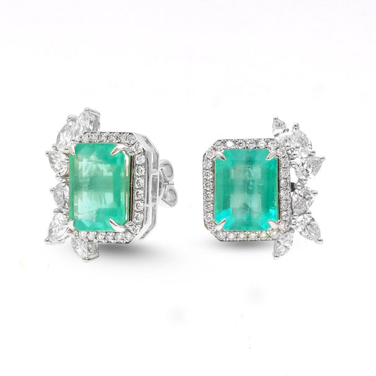 Emerald Opulence 18K Natural Diamond White Gold Stud Earrings
