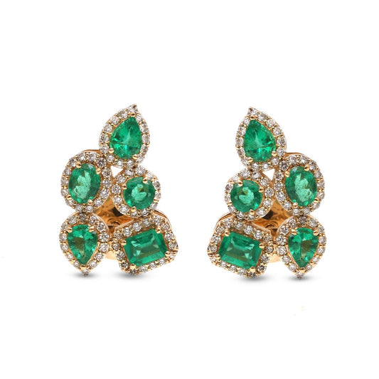 Emerald Cluster 18K Natural Diamond Yellow Gold Stud Earrings