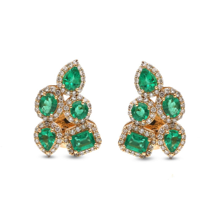 Emerald Cluster 18K Natural Diamond Yellow Gold Stud Earrings