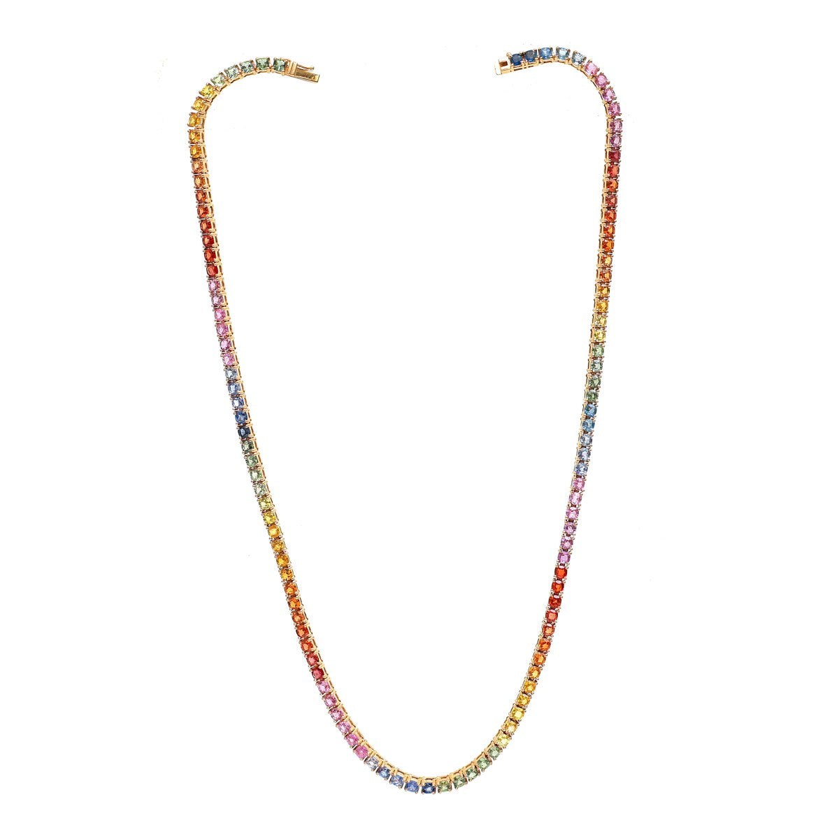 Elegant Round Shape Rainbow Sapphire 18K Yellow Gold Tennis Necklace