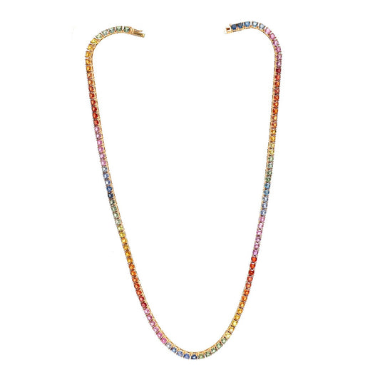 Elegant Round Shape Rainbow Sapphire 18K Yellow Gold Tennis Necklace