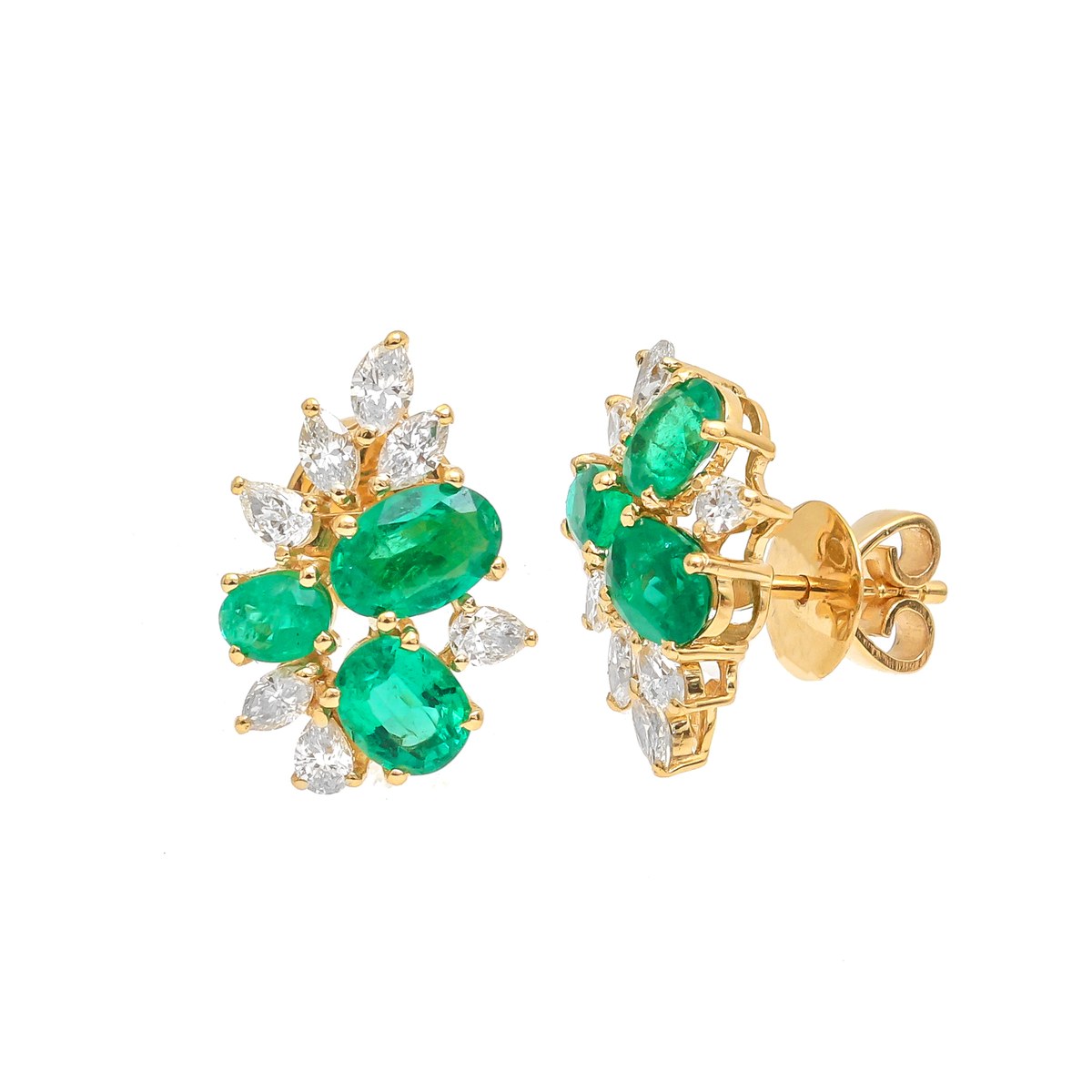 Emerald Blossom Cluster 18K Natural Diamond Yellow Gold Stud Earrings