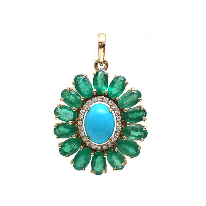 Emerald & Turquoise 18K Yellow Gold Sunburst Pendant Necklace