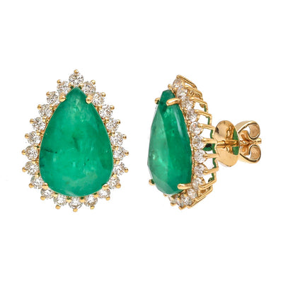 Pear-Shaped 18K  Emerald & Natural Diamond Halo Stud Earrings Yellow Gold